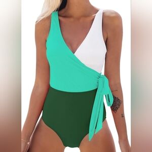 Cupshe deep v neck wrap color block one piece swimsuit NWT size large